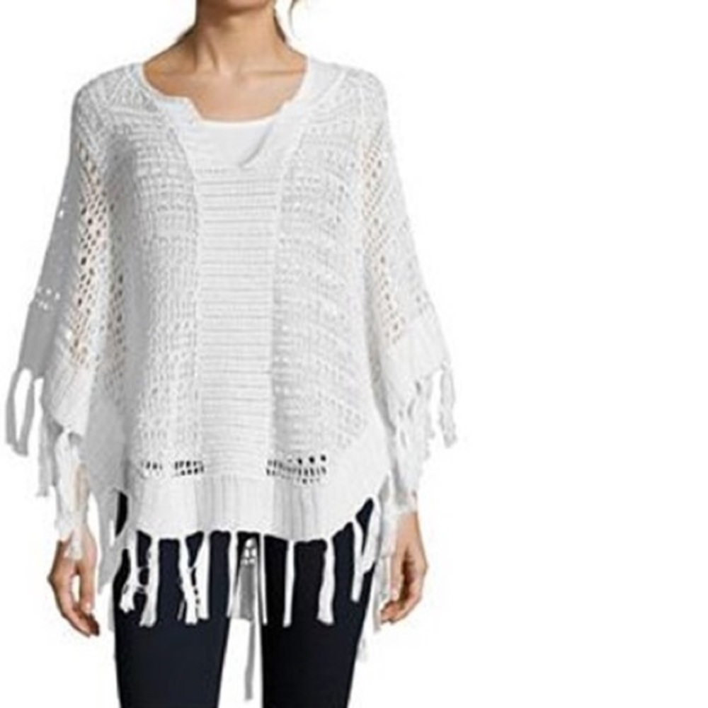 [M/L]Stefanel White Open Crochet Fringe Poncho